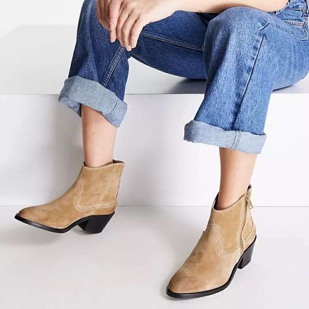 All Saints Carlotta Tan Suede Heeled Side Zip Ankle Boots. Size 10. New